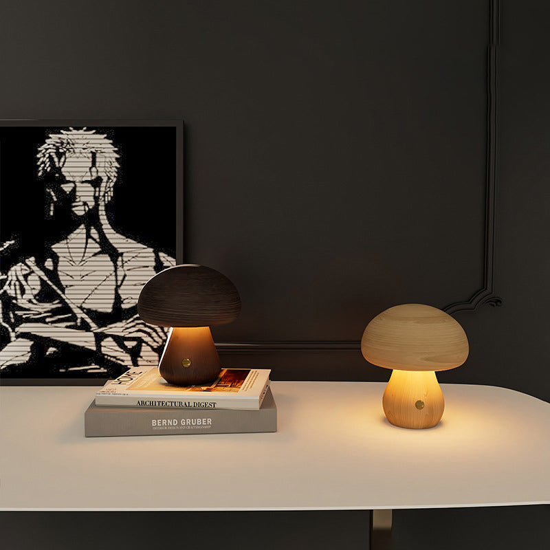 Scandinavian Solid Wood Mushroom LED Table Lamp - Rechargeable Night Light for Bedside