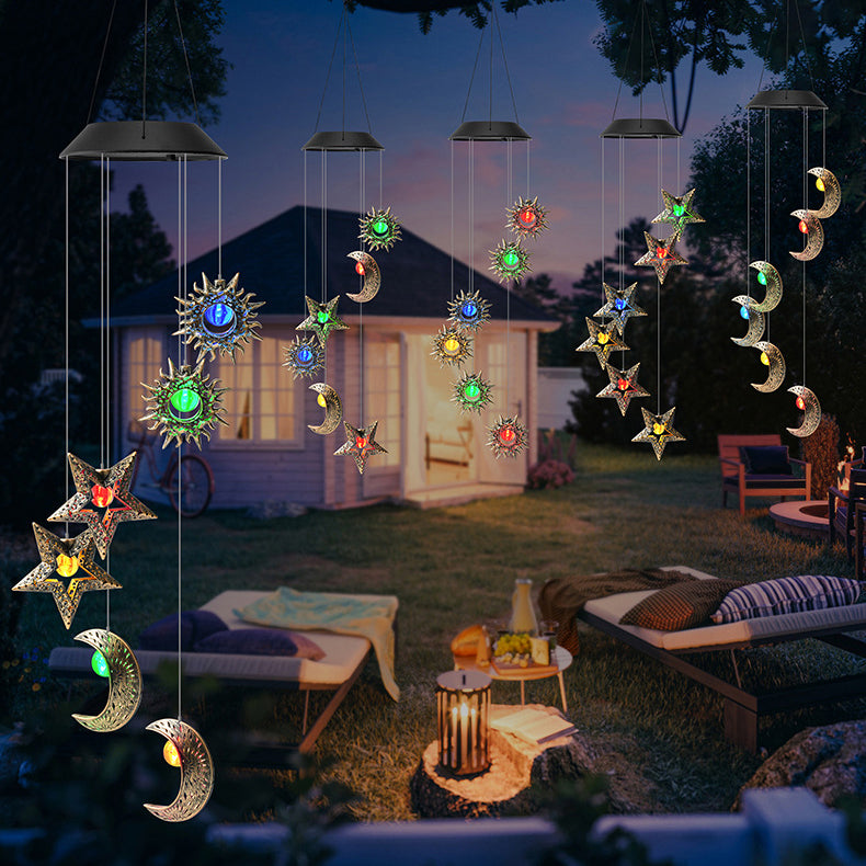 Premium Boho Solar Wind Chime with LED Moon, Sun, and Star