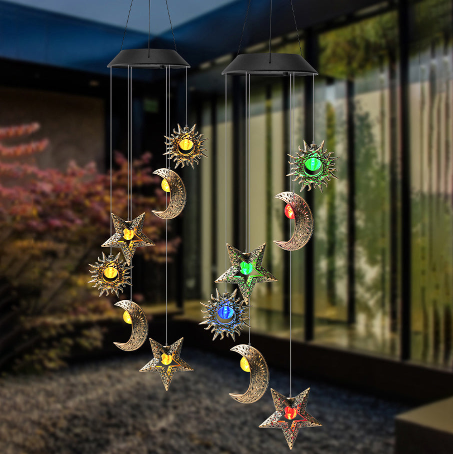 Premium Boho Solar Wind Chime with LED Moon, Sun, and Star
