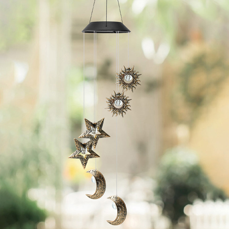 Premium Boho Solar Wind Chime with LED Moon, Sun, and Star