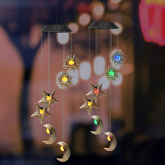 Premium Boho Solar Wind Chime with LED Moon, Sun, and Star
