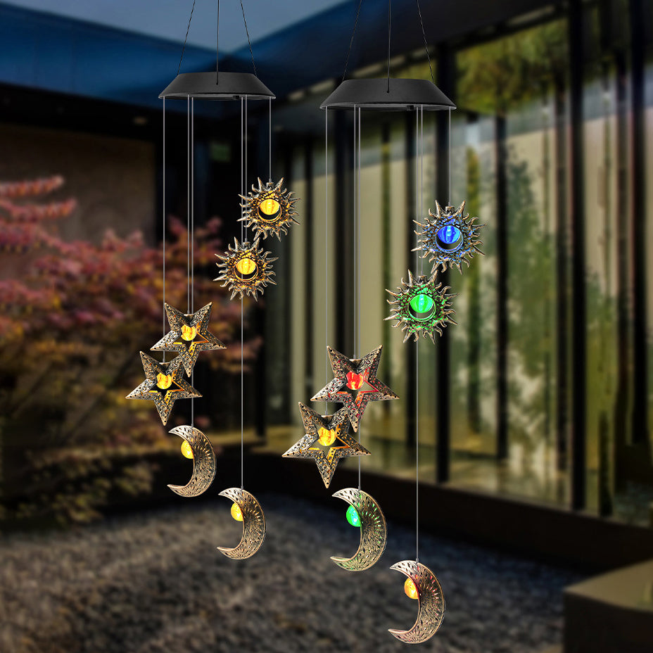 Premium Boho Solar Wind Chime with LED Moon, Sun, and Star