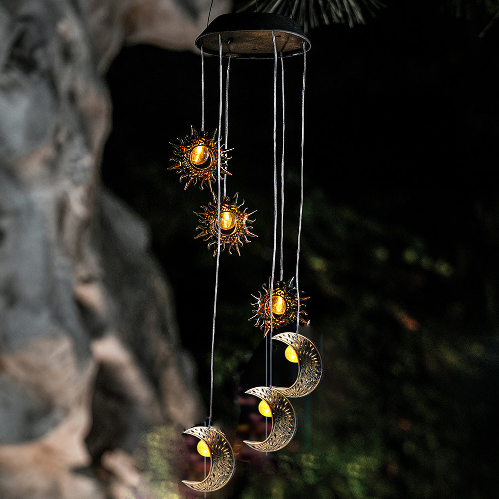 Premium Boho Solar Wind Chime with LED Moon, Sun, and Star