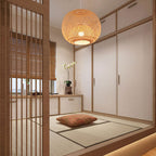 Beige Bamboo Round Pendant Light - 1-Light Japanese Design