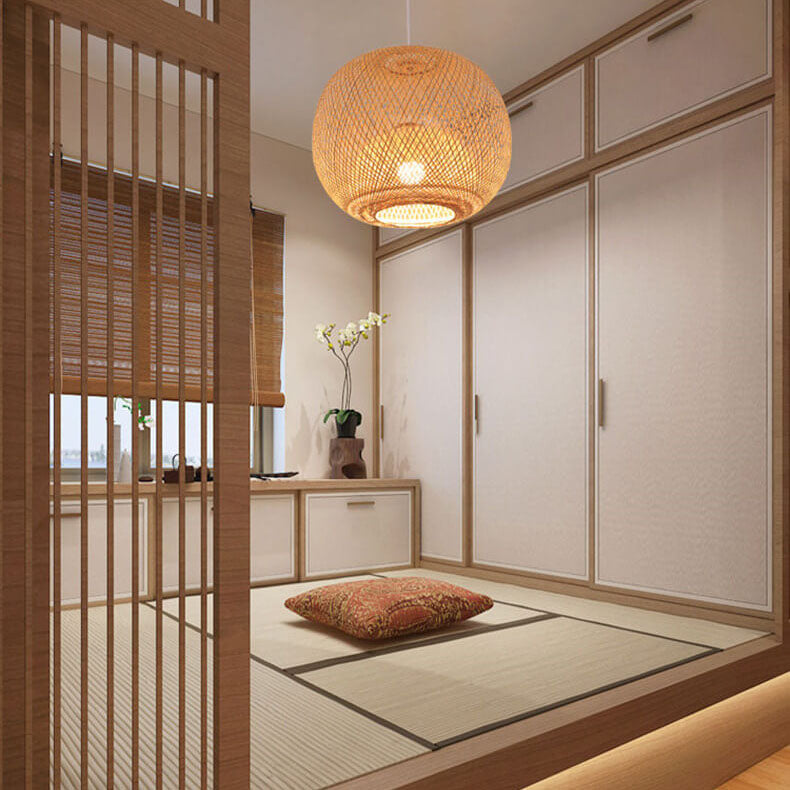 Beige Bamboo Round Pendant Light - 1-Light Japanese Design