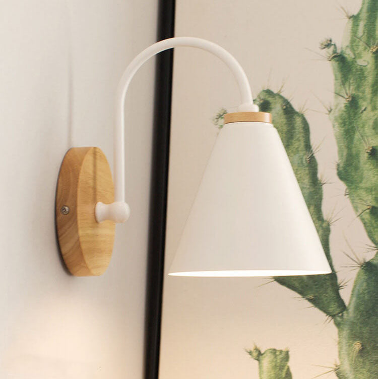 Minimalist Cone Shade Wall Sconce with Wooden Base
