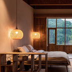 Beige Bamboo Round Pendant Light - 1-Light Japanese Design