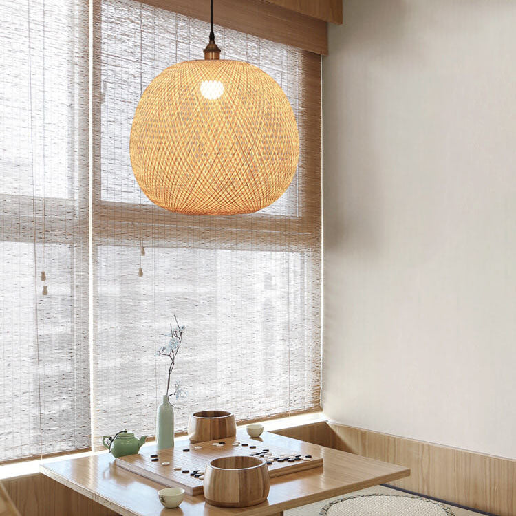 Beige Bamboo Round Pendant Light - 1-Light Japanese Design