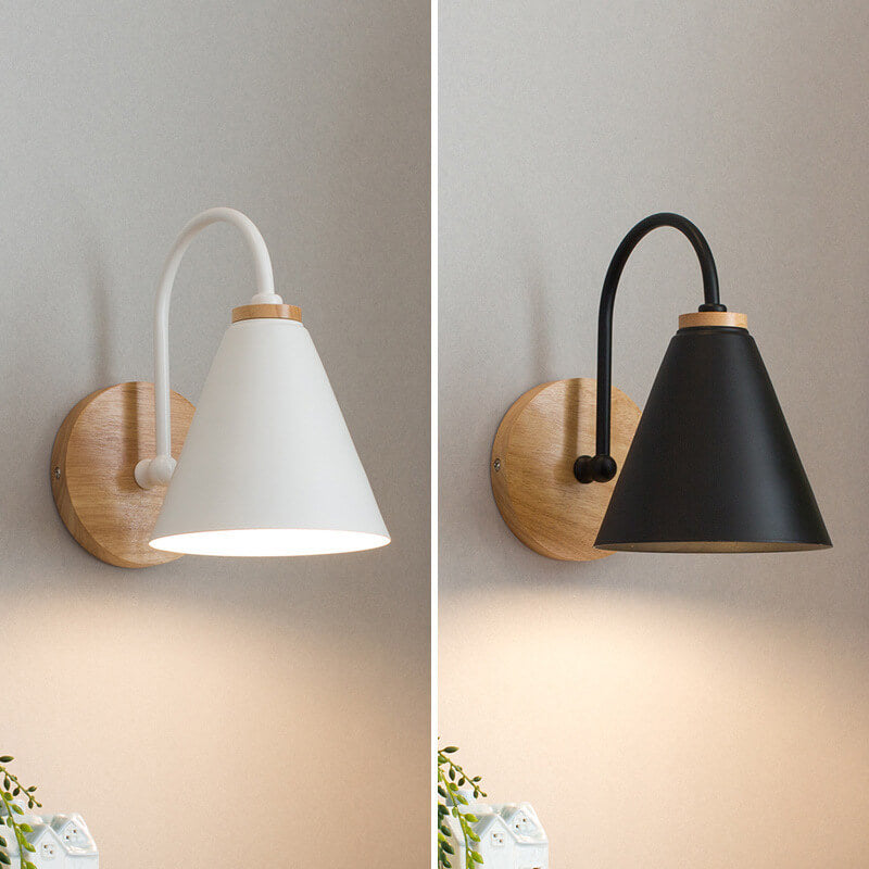 Minimalist Cone Shade Wall Sconce with Wooden Base