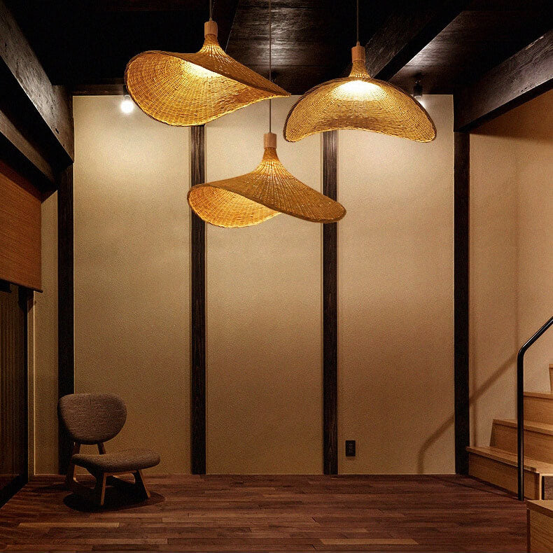 Bamboo Woven Straw Hat Pendant Light - 1-Light Fixture