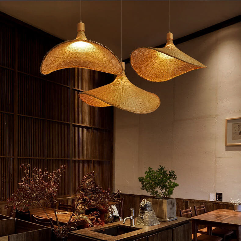 Bamboo Woven Straw Hat Pendant Light - 1-Light Fixture