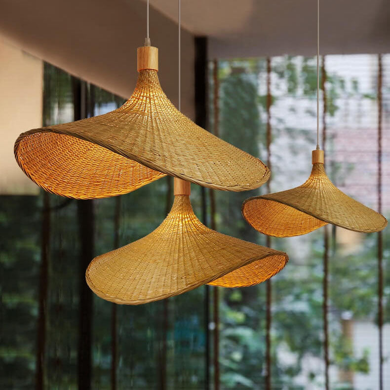 Bamboo Woven Straw Hat Pendant Light - 1-Light Fixture