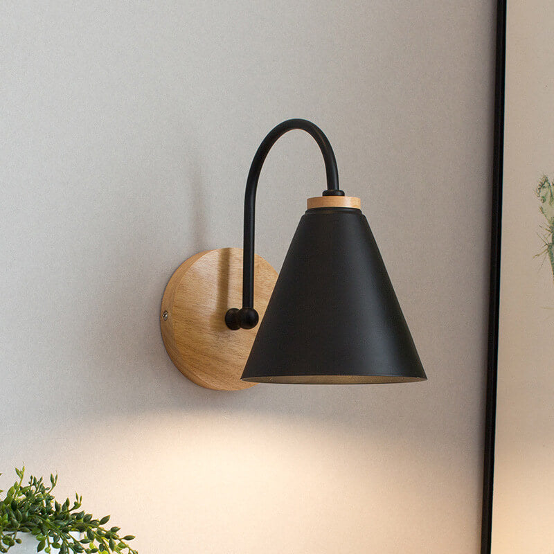 Minimalist Cone Shade Wall Sconce with Wooden Base