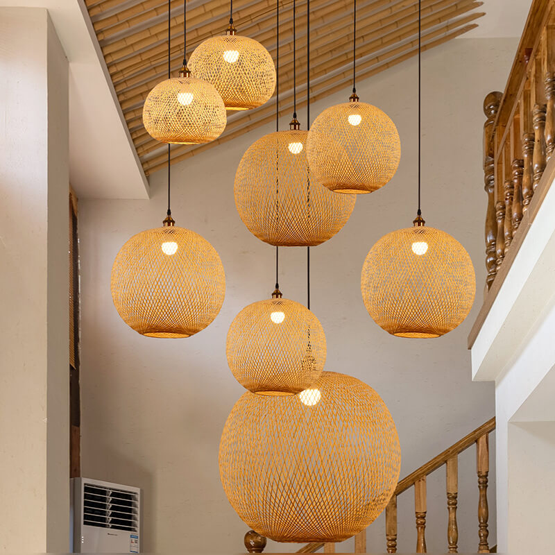Beige Bamboo Round Pendant Light - 1-Light Japanese Design
