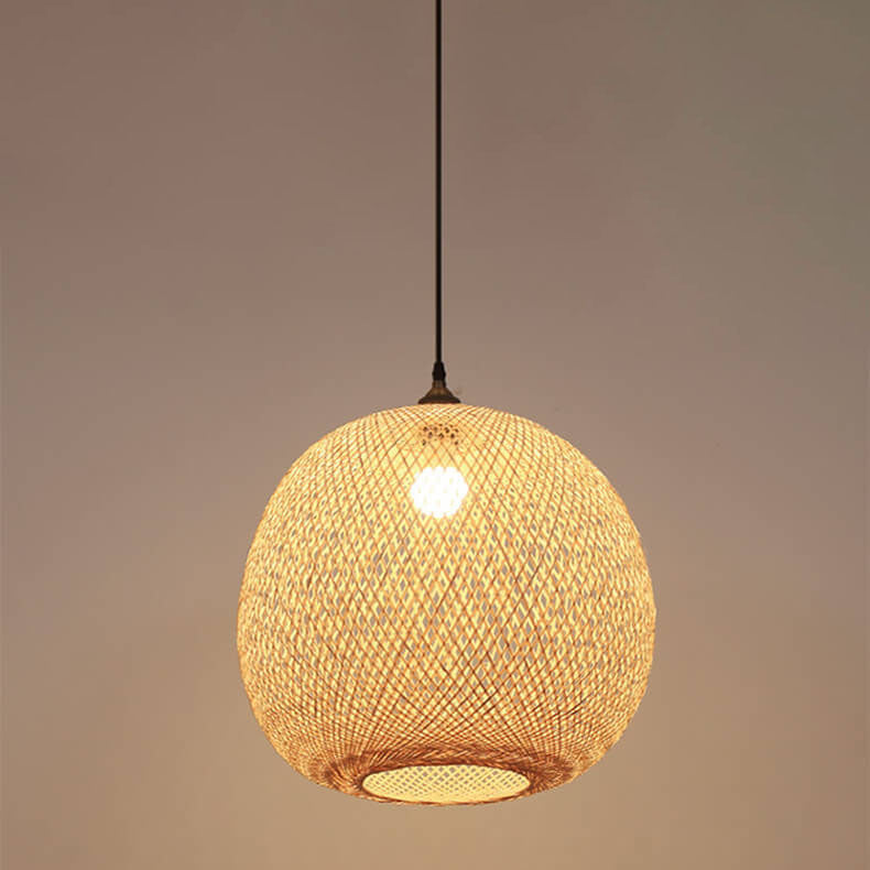 Beige Bamboo Round Pendant Light - 1-Light Japanese Design
