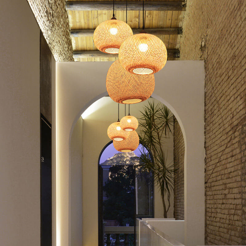Beige Bamboo Round Pendant Light - 1-Light Japanese Design