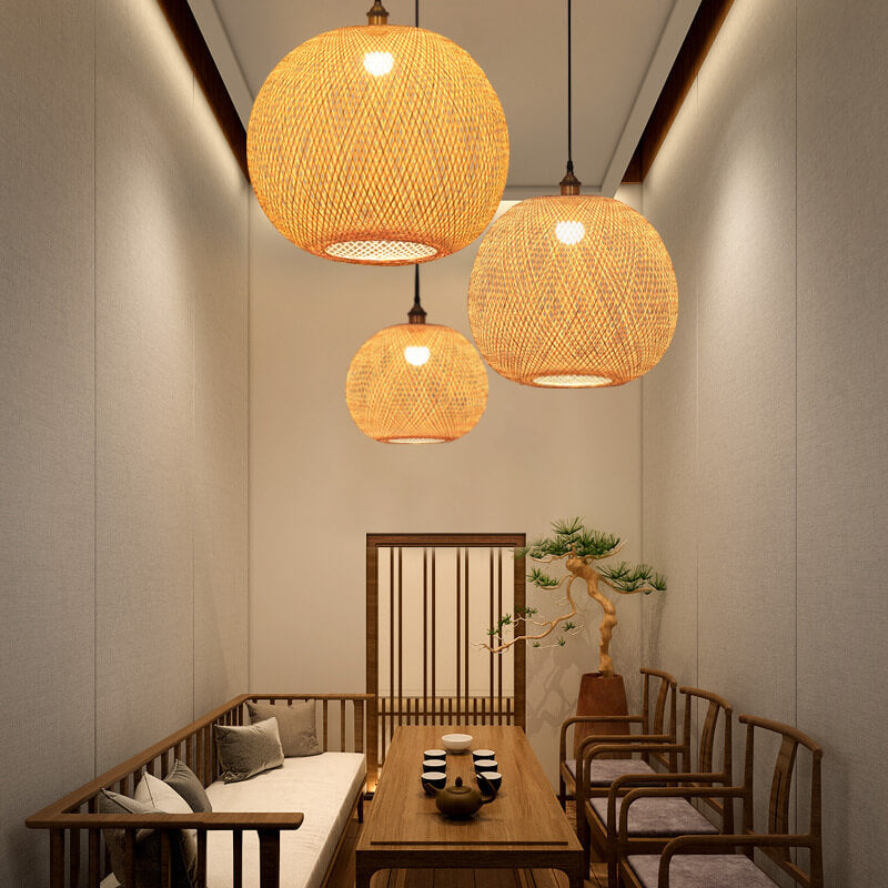 Beige Bamboo Round Pendant Light - 1-Light Japanese Design