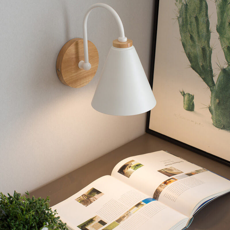 Minimalist Cone Shade Wall Sconce with Wooden Base