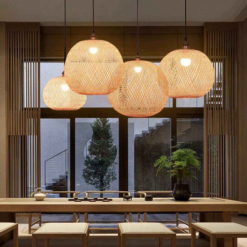 Beige Bamboo Round Pendant Light - 1-Light Japanese Design