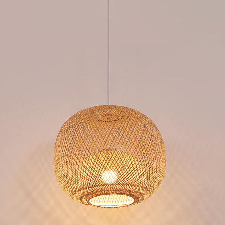 Beige Bamboo Round Pendant Light - 1-Light Japanese Design