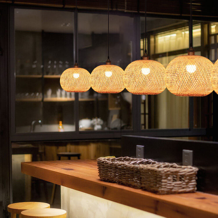 Beige Bamboo Round Pendant Light - 1-Light Japanese Design