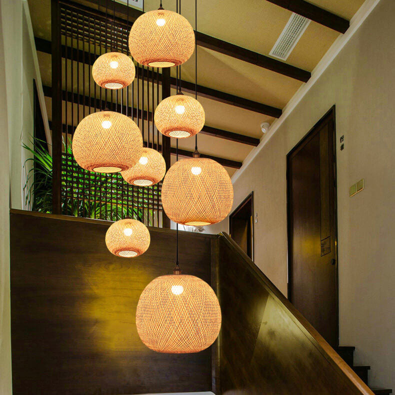 Beige Bamboo Round Pendant Light - 1-Light Japanese Design