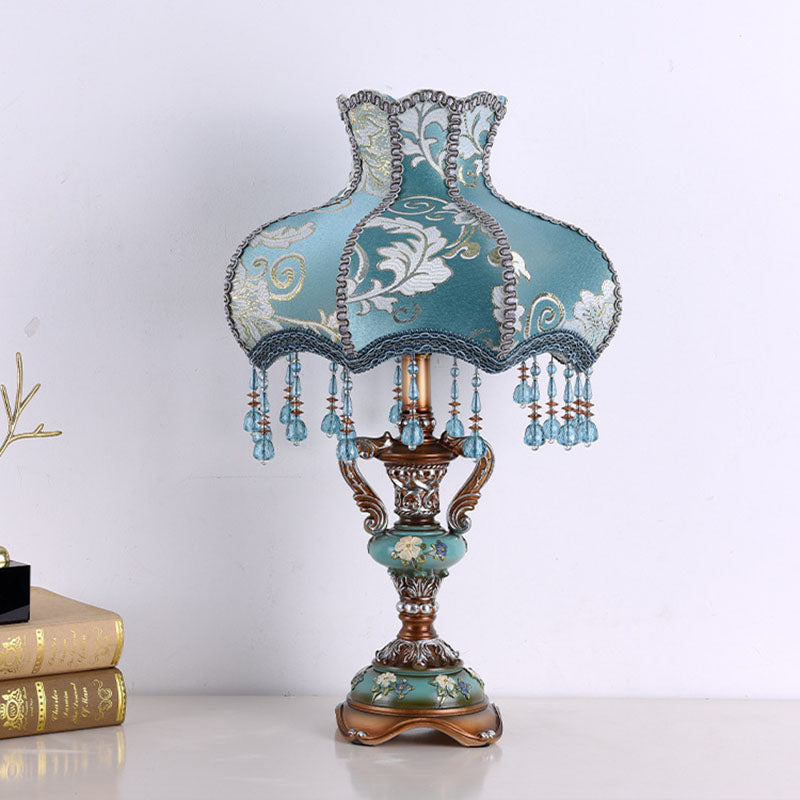 European Blue Fabric Tassel Table Lamp - 1-Light Design for Bedroom