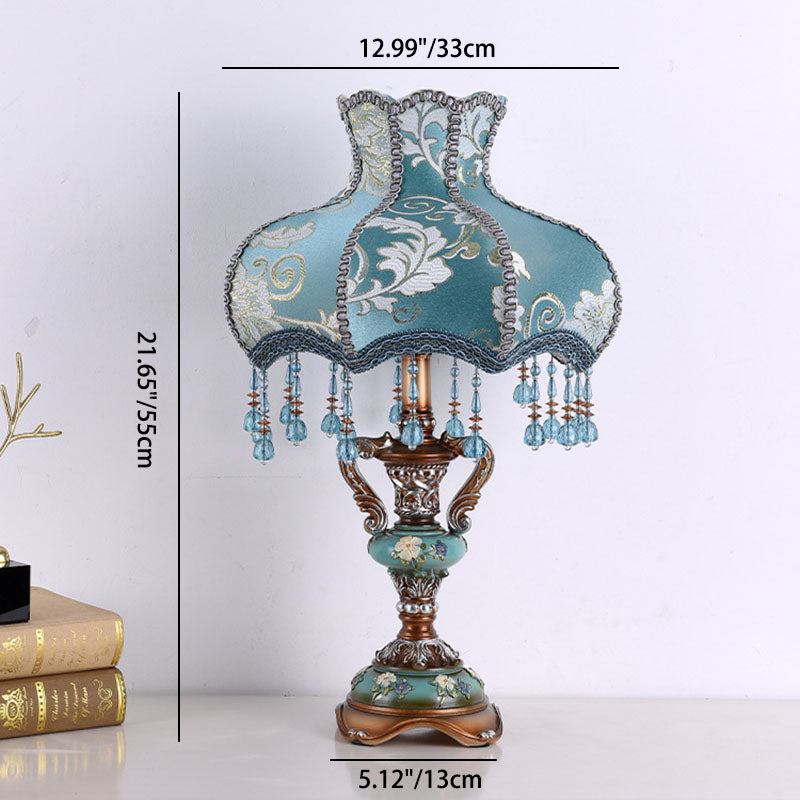 European Blue Fabric Tassel Table Lamp - 1-Light Design for Bedroom