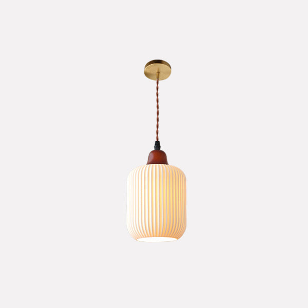 Vintage Japanese Ceramic Dome Pendant Light with Wood