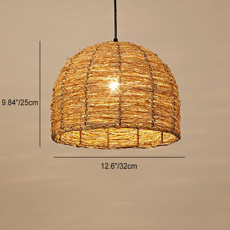 Vintage Rattan Dome Pendant Light - 1-Light Fixture
