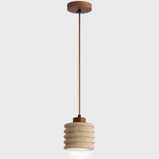 Premium Yellow Travertine Cylinder Pendant Light with Wooden Accents
