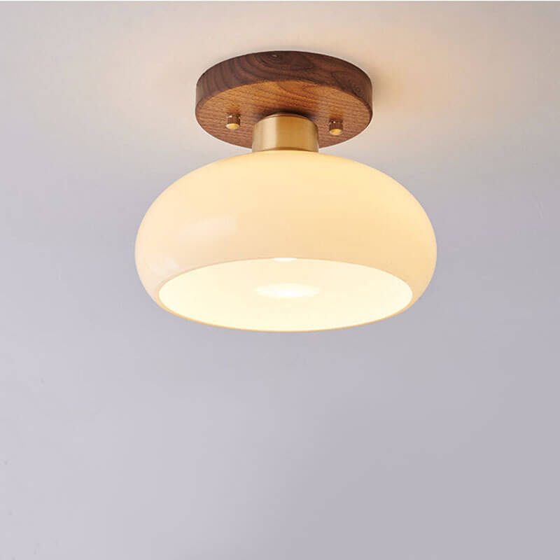 Vintage Walnut Brass Round Semi-Flush Mount Ceiling Light