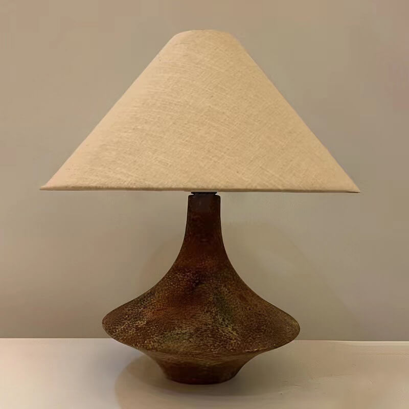 Vintage Cone Ceramic Table Lamp with Fabric Shade - Wabi-Sabi Design
