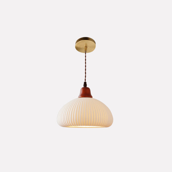 Vintage Japanese Ceramic Dome Pendant Light with Wood