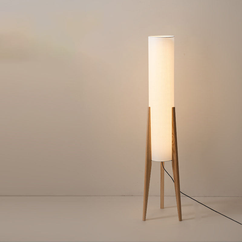 Premium Chinese Fabric Cylinder Shade Wood Tripod Floor Lamp - 1-Light Design for Study