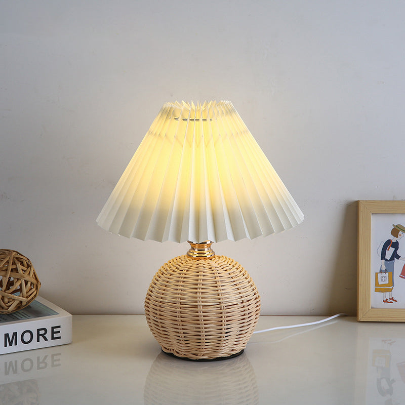 Nordic Rattan Pleated LED Table Lamp for Bedroom