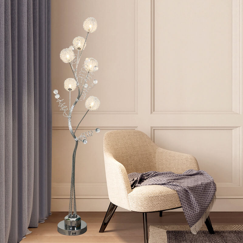 Rustic 6-Light Floor Lamp with Aluminum Weaving Balls and Tree Branch Design