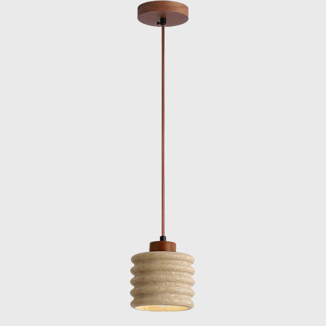 Premium Yellow Travertine Cylinder Pendant Light with Wooden Accents