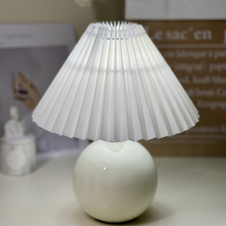 Minimalist Round Fabric Pleated Ceramic Table Lamp - 1-Light for Bedroom