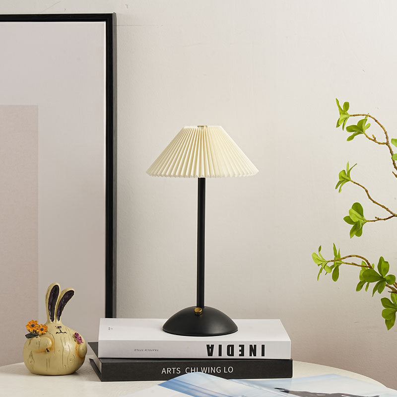 Scandinavian Rechargeable Conic Pleated Table Lamp - 1-Light Bedside Design