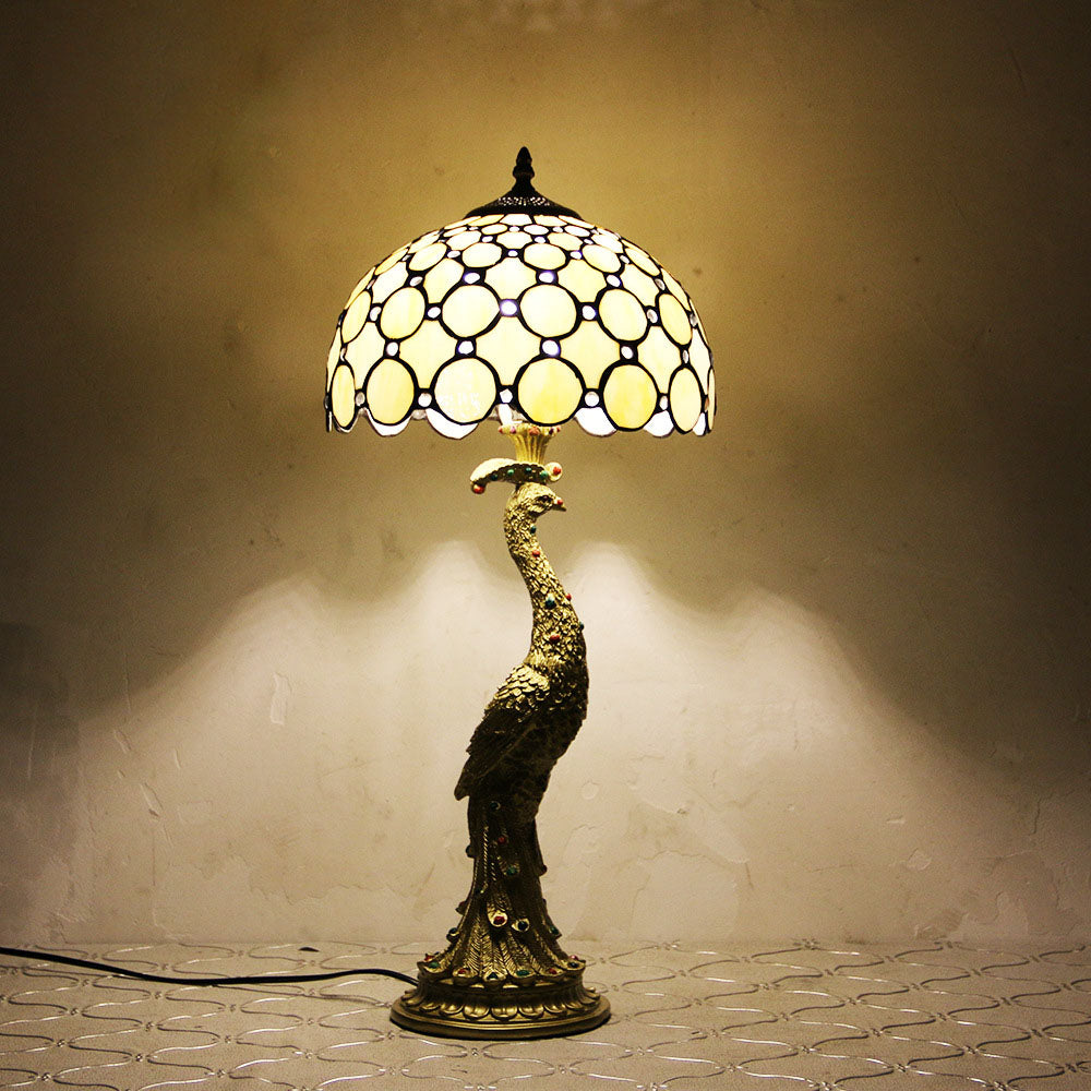 Vintage Tiffany Peacock Glass Dome Table Lamp - 1-Light