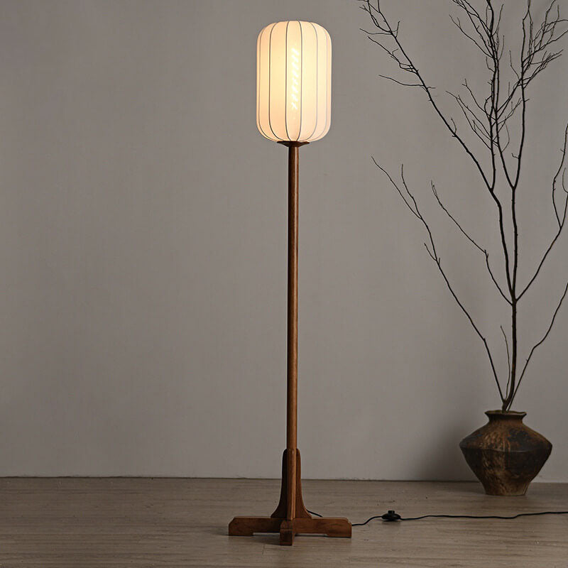 Zen Rosewood Silk Lantern Floor Lamp - 1-Light Design