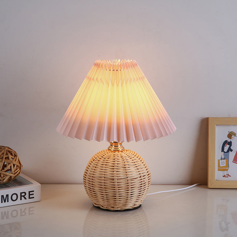 Nordic Rattan Pleated LED Table Lamp for Bedroom