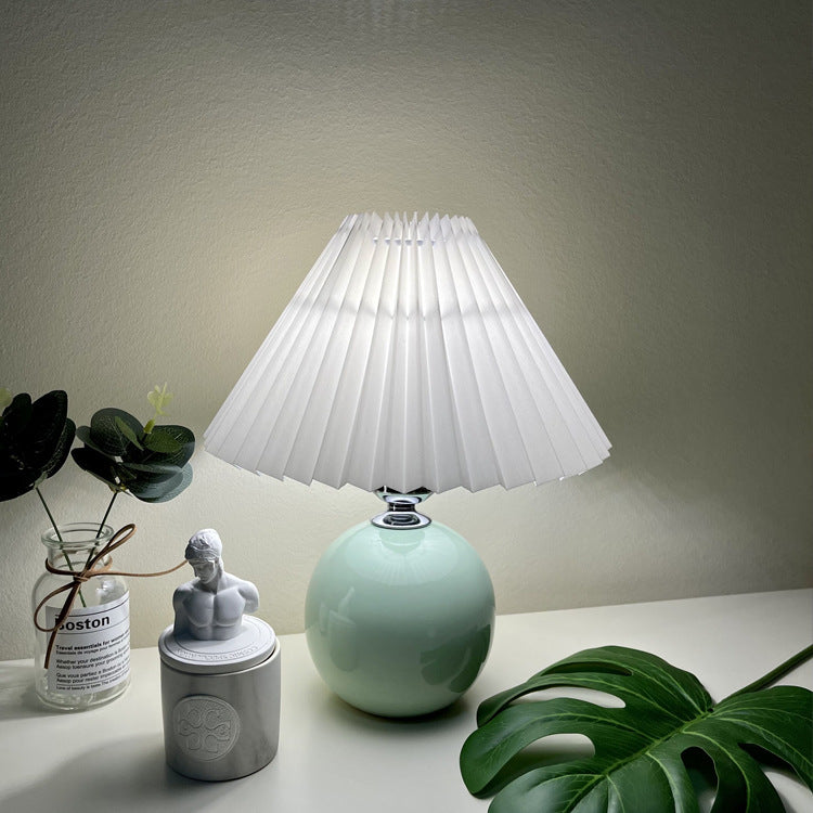 Minimalist Round Fabric Pleated Ceramic Table Lamp - 1-Light for Bedroom