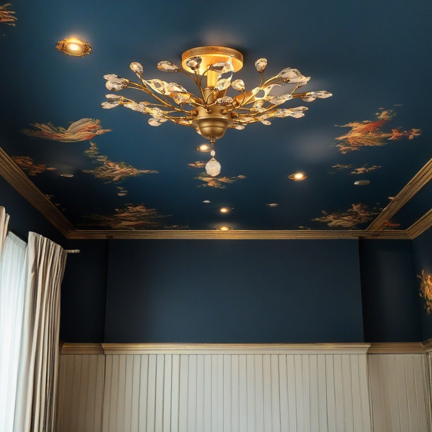 European Style Iron and Crystal Semi-Flush Mount Ceiling Light - 4/5/6 Lights for Living Room