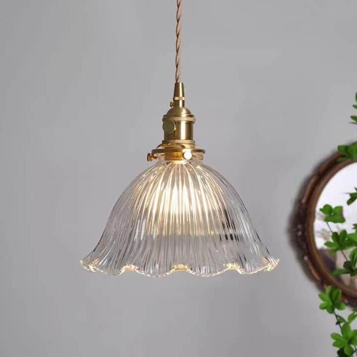 Modern Minimalist Copper and Walnut Pendant Light with Glass Shade