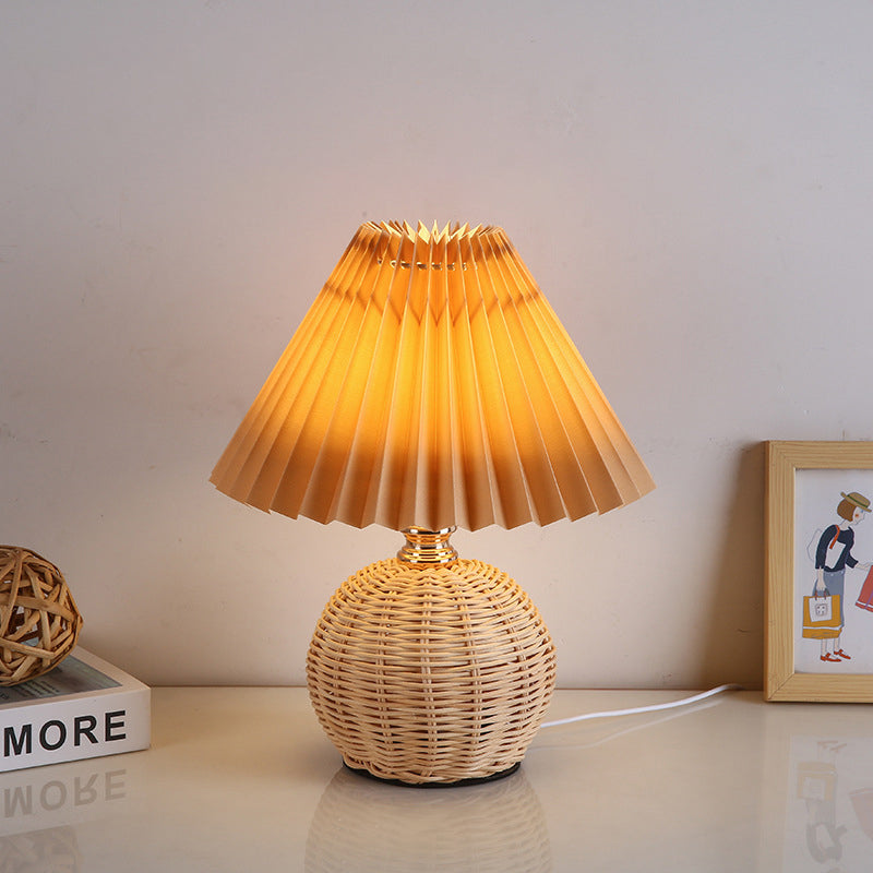 Nordic Rattan Pleated LED Table Lamp for Bedroom