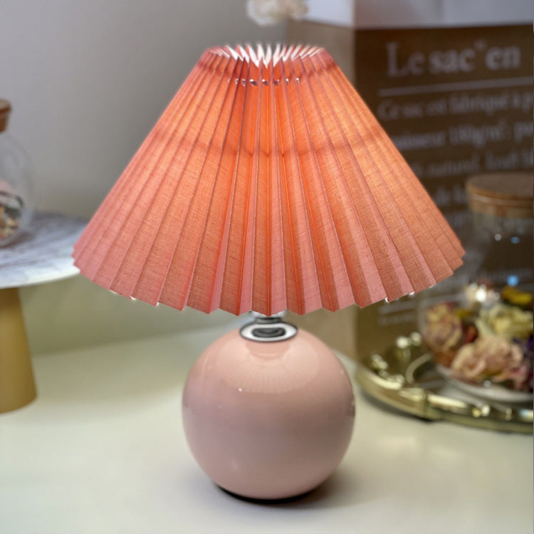 Minimalist Round Fabric Pleated Ceramic Table Lamp - 1-Light for Bedroom