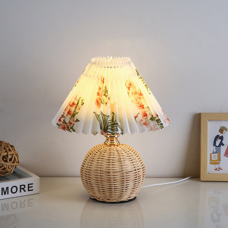 Nordic Rattan Pleated LED Table Lamp for Bedroom