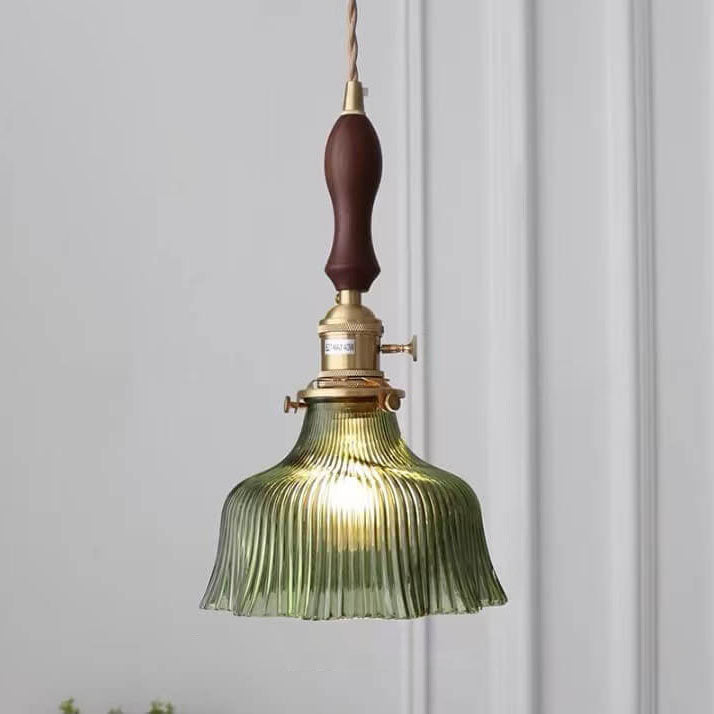 Modern Minimalist Copper and Walnut Pendant Light with Glass Shade